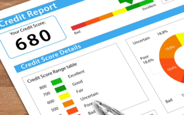 Credit report showing credit score, one of the determination factors for a home loan from a mortgage lender.